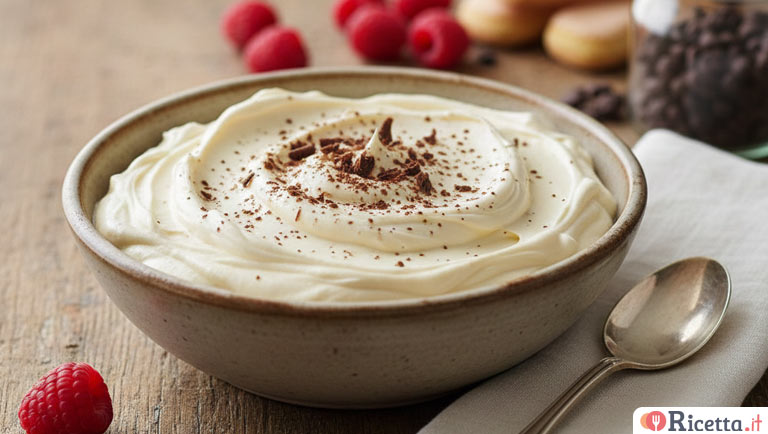 Crema al mascarpone senza uova, ideale per farcire il panettone, il pandoro e il tiramisù