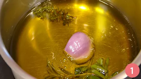 Tortino di orzo con tartare di verdure e olio aromatizzato alle erbe - Passaggio 1